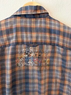 Upcycled Hand Embroidered Kitten Plaid Button-Up Shirt
